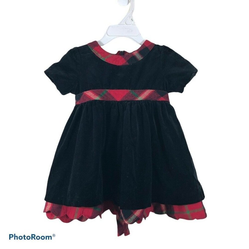 HANNA ANDERSSON Baby Black Velour Plaid Trim Party Dress Sz 70  (6-12 Month)